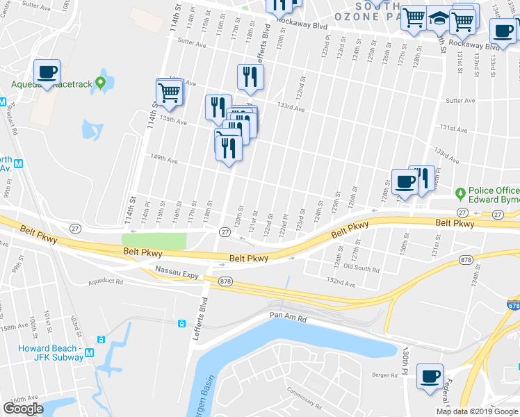 map of restaurants, bars, coffee shops, grocery stores, and more near 149-41 121st Street in Queens