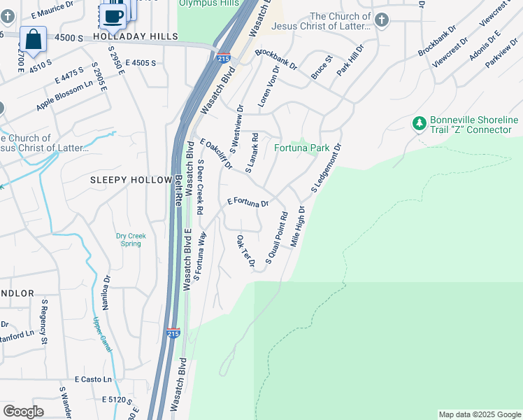 map of restaurants, bars, coffee shops, grocery stores, and more near 3322 East Fortuna Drive in Salt Lake City