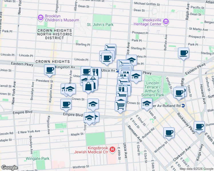 map of restaurants, bars, coffee shops, grocery stores, and more near Schenectady Avenue & President Street in Brooklyn