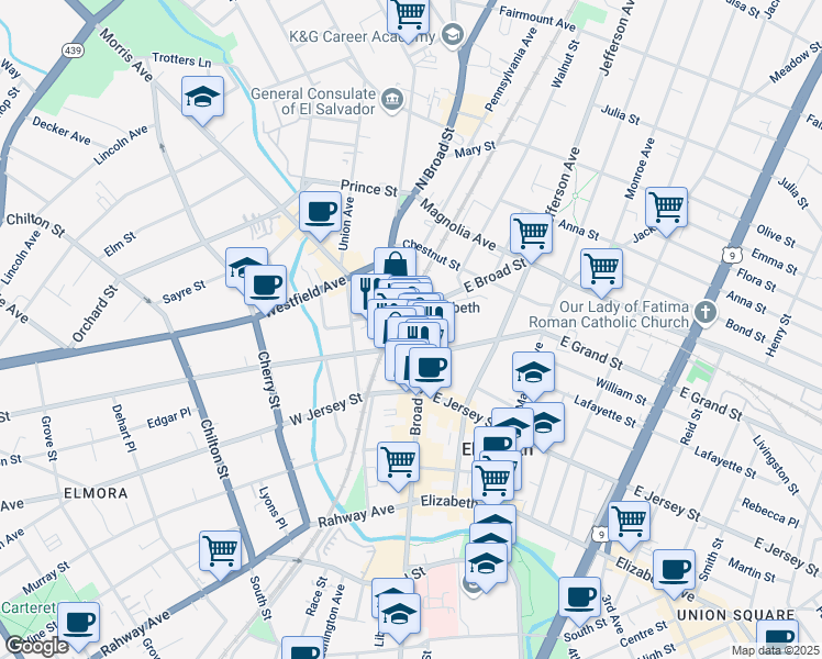 map of restaurants, bars, coffee shops, grocery stores, and more near 142 Broad Street in Elizabeth