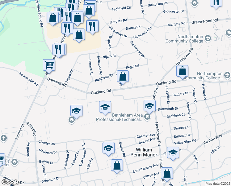 map of restaurants, bars, coffee shops, grocery stores, and more near 3279 Oakland Square Drive in Bethlehem