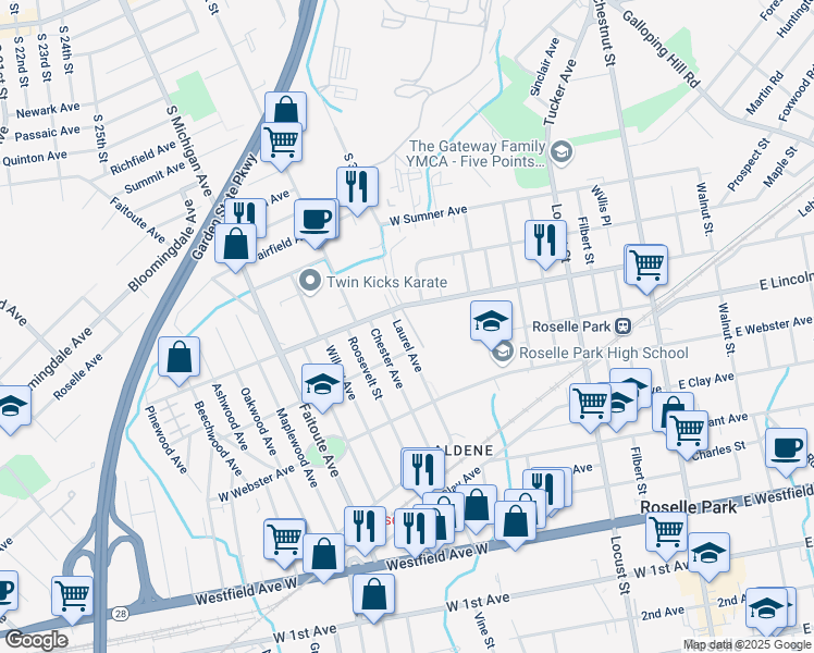 map of restaurants, bars, coffee shops, grocery stores, and more near 600 Laurel Avenue in Roselle Park