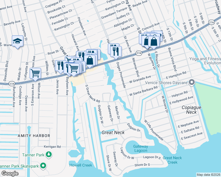 map of restaurants, bars, coffee shops, grocery stores, and more near 30 Manor Lane in Copiague