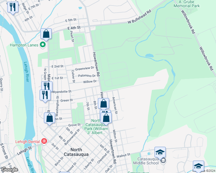 map of restaurants, bars, coffee shops, grocery stores, and more near 981 Woodmont Lane in Catasauqua