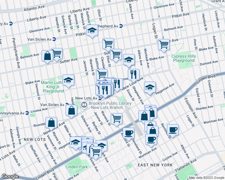 map of restaurants, bars, coffee shops, grocery stores, and more near 933 Livonia Avenue in Brooklyn