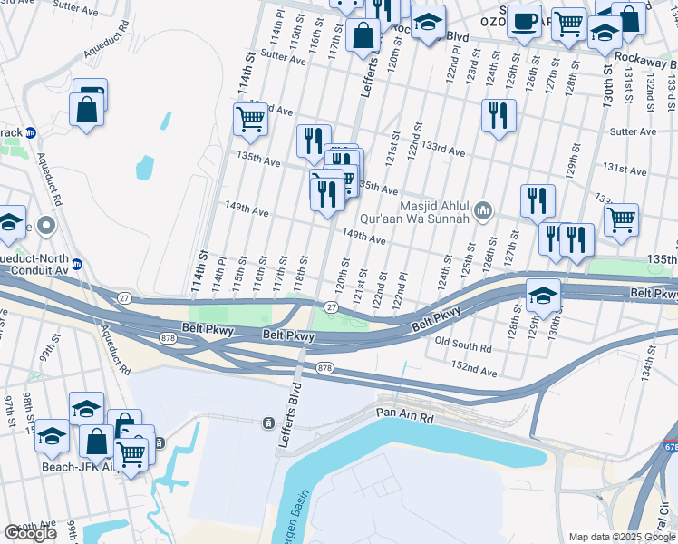 map of restaurants, bars, coffee shops, grocery stores, and more near 120-2 150th Avenue in Queens