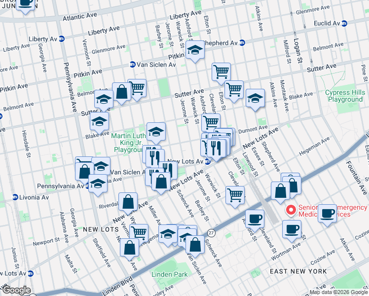map of restaurants, bars, coffee shops, grocery stores, and more near 651 Barbey Street in Brooklyn