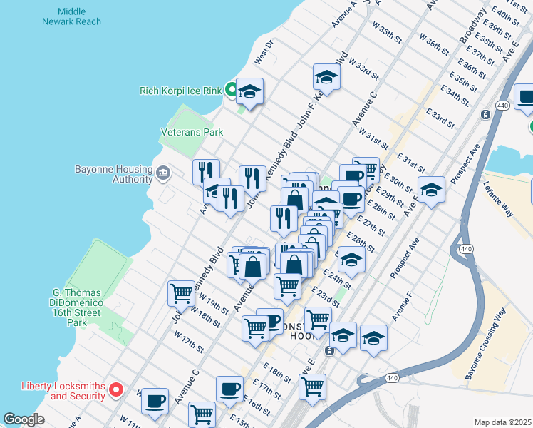 map of restaurants, bars, coffee shops, grocery stores, and more near 81-83 East 24th Street in Bayonne