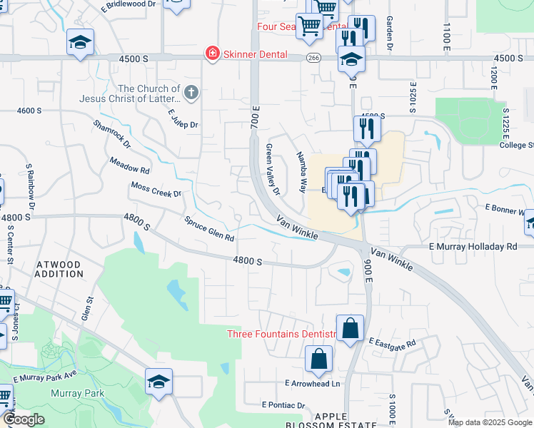 map of restaurants, bars, coffee shops, grocery stores, and more near 4762 South 700 East in Murray