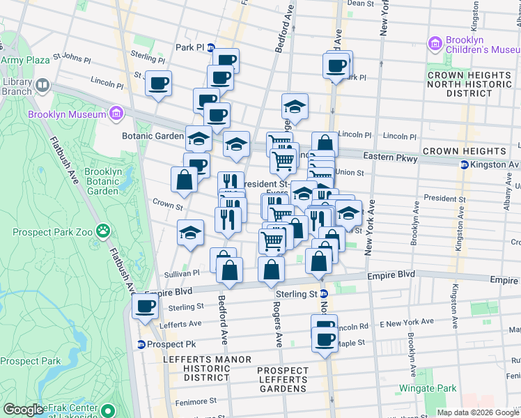 map of restaurants, bars, coffee shops, grocery stores, and more near 188 Crown Street in Brooklyn