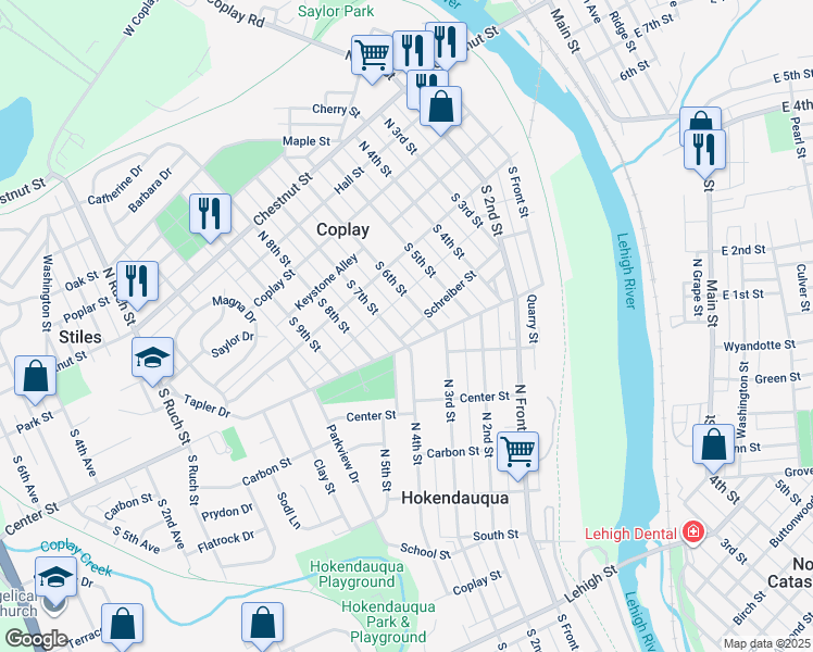 map of restaurants, bars, coffee shops, grocery stores, and more near 616 Schreiber Street in Coplay