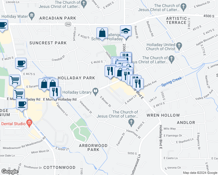 map of restaurants, bars, coffee shops, grocery stores, and more near 2220 East Murray Holladay Road in Holladay