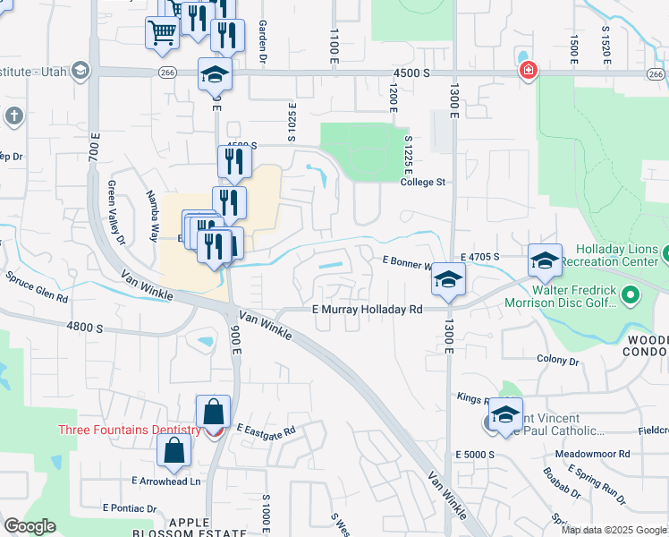 map of restaurants, bars, coffee shops, grocery stores, and more near 1111 Brigadoon Court in Millcreek