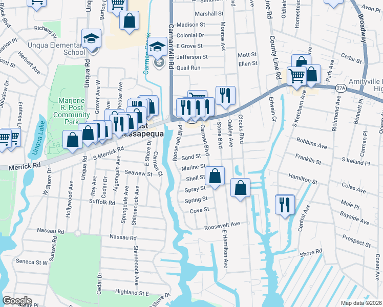 map of restaurants, bars, coffee shops, grocery stores, and more near 68 Marine Street in Massapequa