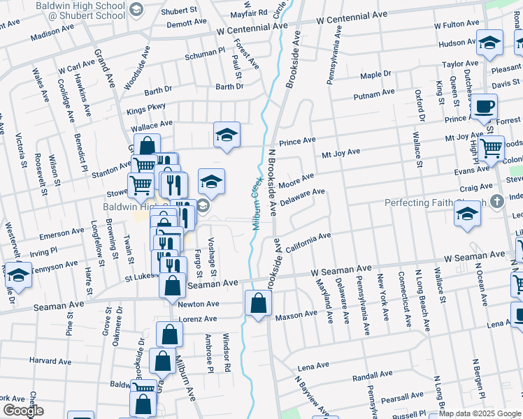 map of restaurants, bars, coffee shops, grocery stores, and more near 311 North Brookside Avenue in Freeport