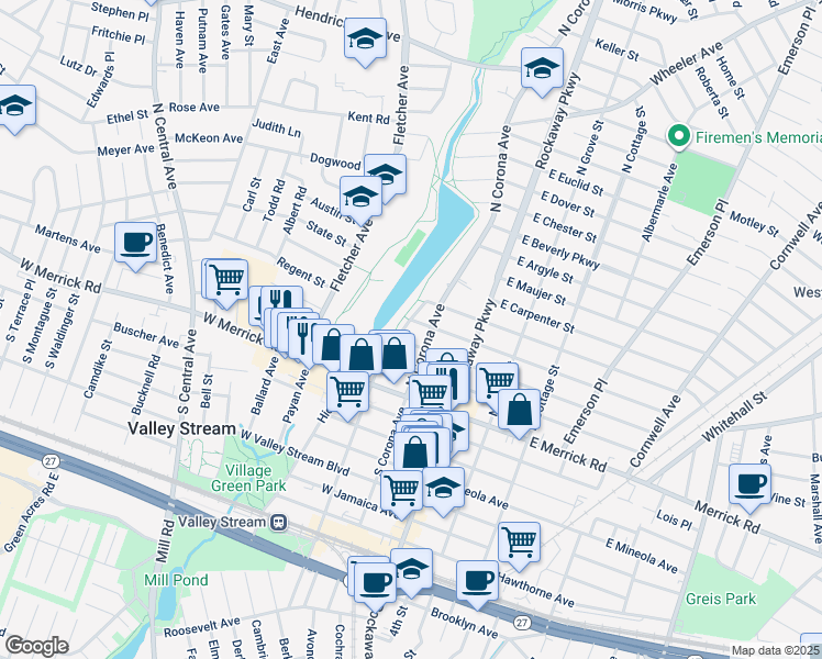 map of restaurants, bars, coffee shops, grocery stores, and more near 46 North Corona Avenue in Valley Stream
