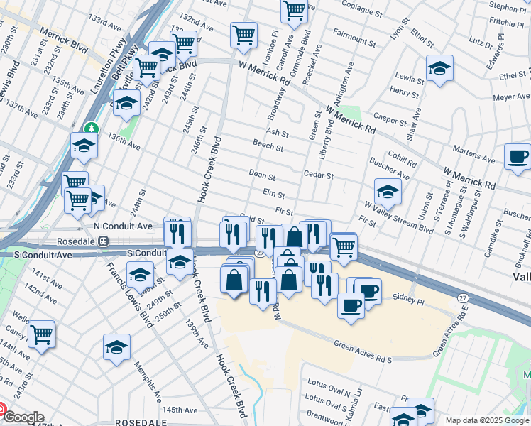 map of restaurants, bars, coffee shops, grocery stores, and more near 24 Gold Street in Valley Stream