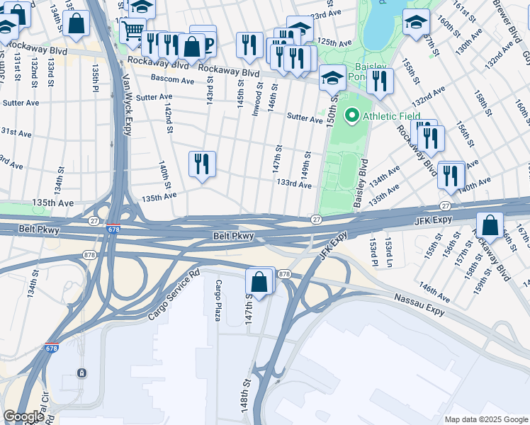map of restaurants, bars, coffee shops, grocery stores, and more near 13328 North Conduit Avenue in Queens