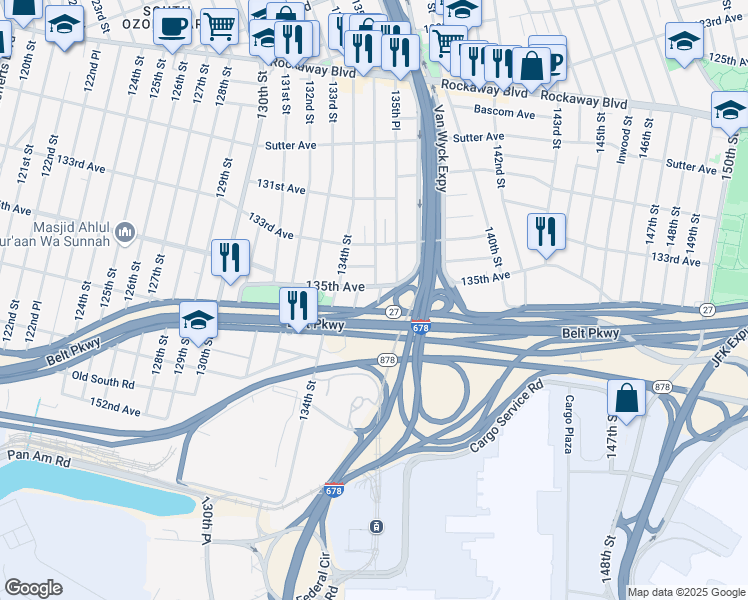 map of restaurants, bars, coffee shops, grocery stores, and more near 13515 North Conduit Avenue in Queens