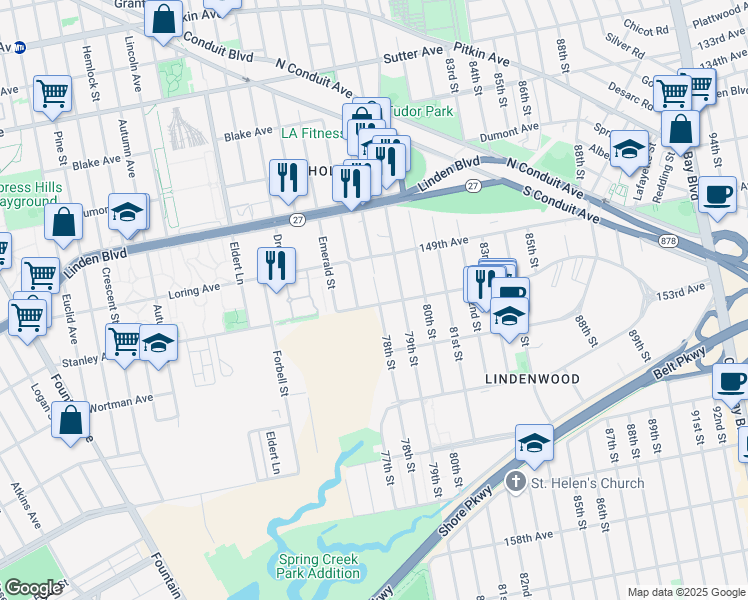 map of restaurants, bars, coffee shops, grocery stores, and more near 151-15 78th Street in Queens