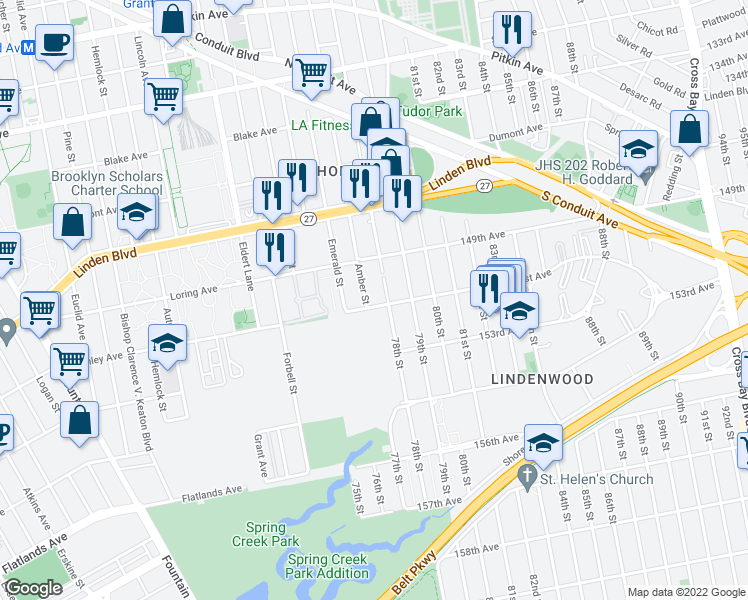 map of restaurants, bars, coffee shops, grocery stores, and more near 151-15 78th Street in Queens