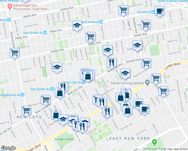 map of restaurants, bars, coffee shops, grocery stores, and more near 933 Livonia Avenue in Brooklyn