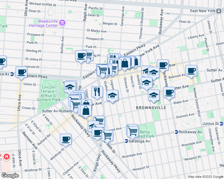 map of restaurants, bars, coffee shops, grocery stores, and more near 75 Grafton Street in Brooklyn