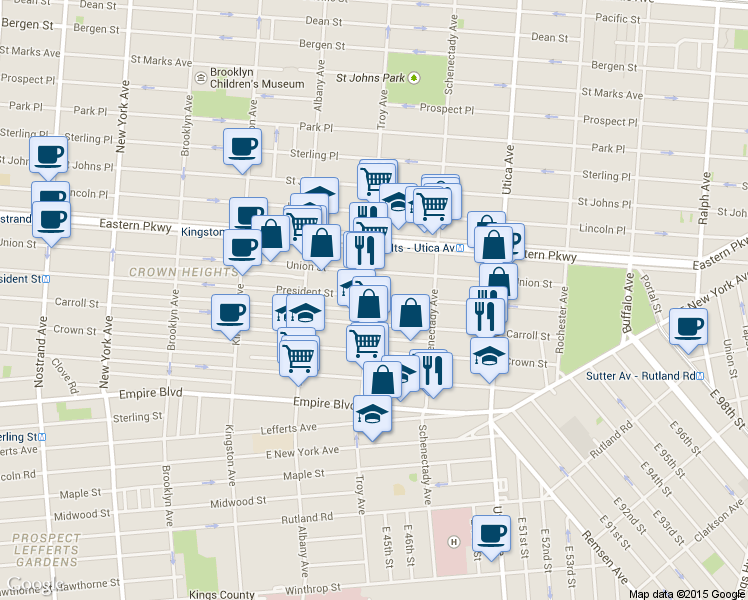 map of restaurants, bars, coffee shops, grocery stores, and more near 341 Troy Avenue in Brooklyn