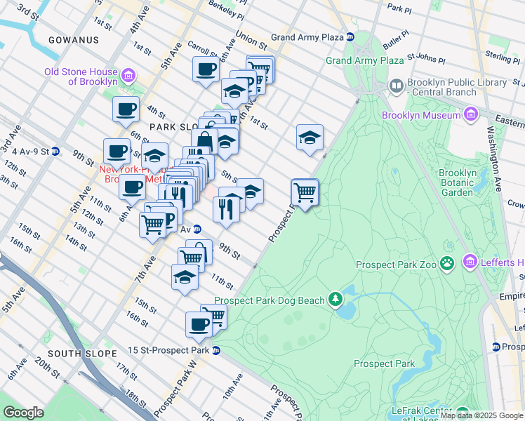 map of restaurants, bars, coffee shops, grocery stores, and more near 581 7th Street in Brooklyn