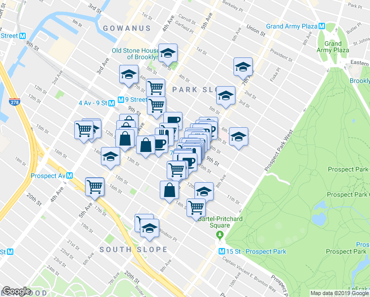 map of restaurants, bars, coffee shops, grocery stores, and more near 516 10th Street in Brooklyn