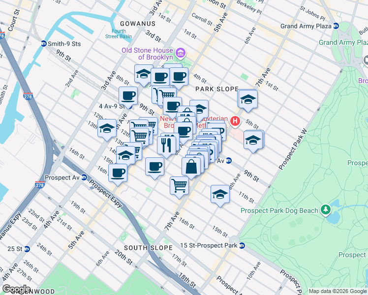map of restaurants, bars, coffee shops, grocery stores, and more near 422 11th Street in Brooklyn