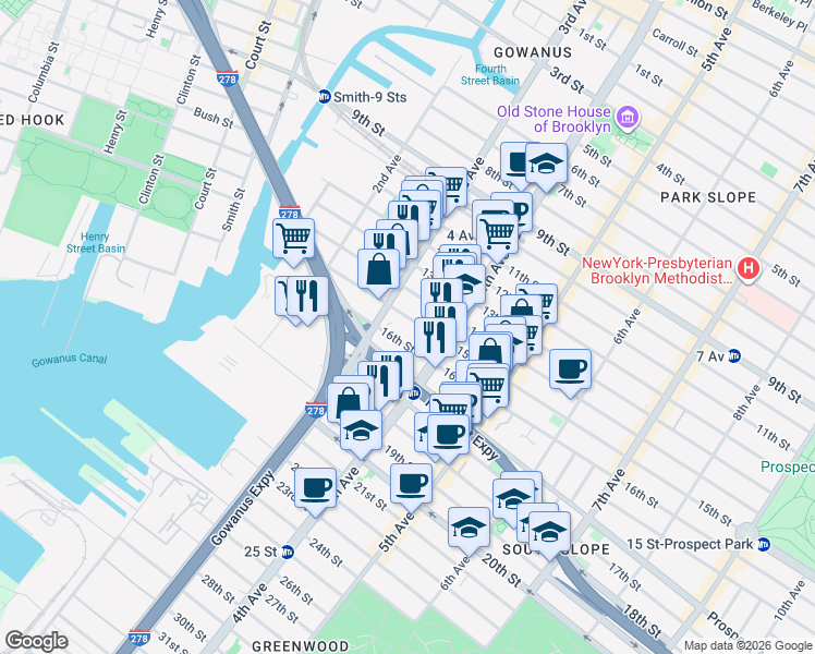 map of restaurants, bars, coffee shops, grocery stores, and more near 84 16th Street in Brooklyn