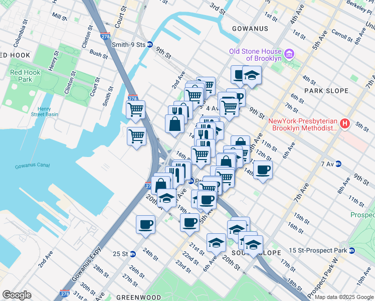 map of restaurants, bars, coffee shops, grocery stores, and more near 84 16th Street in Brooklyn