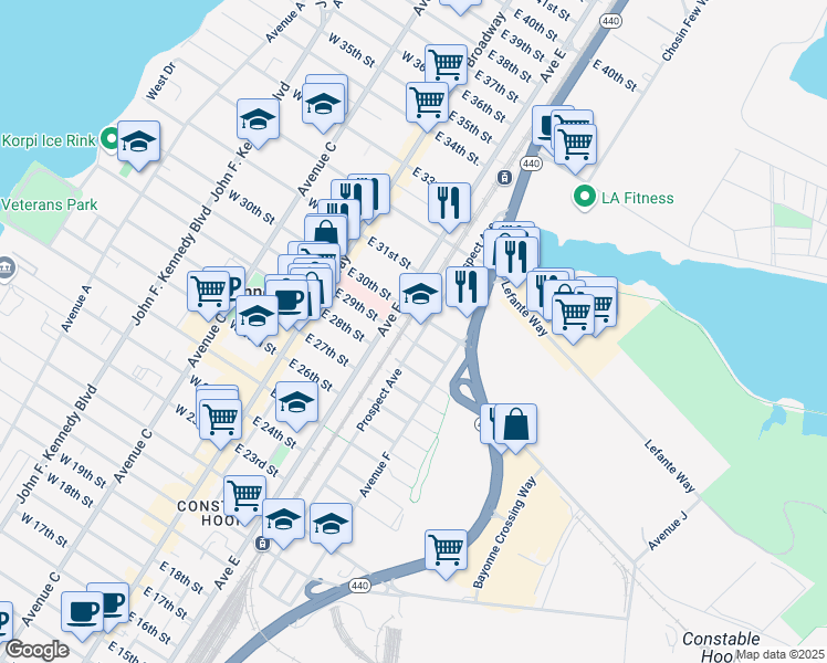 map of restaurants, bars, coffee shops, grocery stores, and more near 76 East 29th Street in Bayonne