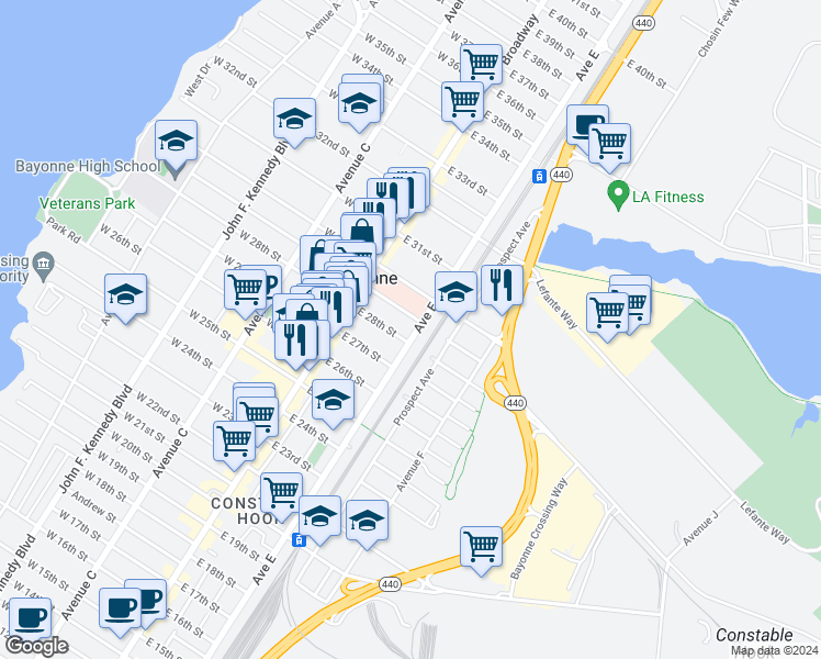 map of restaurants, bars, coffee shops, grocery stores, and more near 183 Prospect Avenue in Bayonne