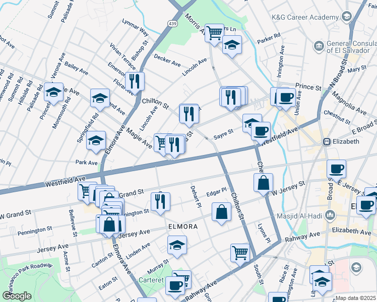 map of restaurants, bars, coffee shops, grocery stores, and more near 268 New Jersey 28 in Elizabeth