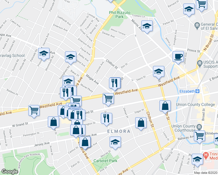 map of restaurants, bars, coffee shops, grocery stores, and more near 319 Westfield Avenue in Elizabeth