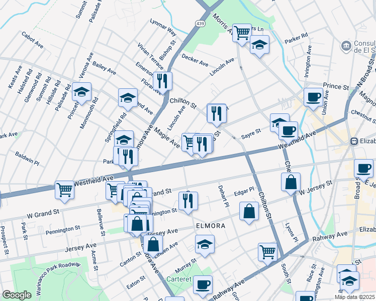 map of restaurants, bars, coffee shops, grocery stores, and more near 319 Westfield Avenue in Elizabeth