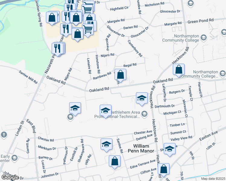 map of restaurants, bars, coffee shops, grocery stores, and more near 3279 Oakland Square Drive in Bethlehem