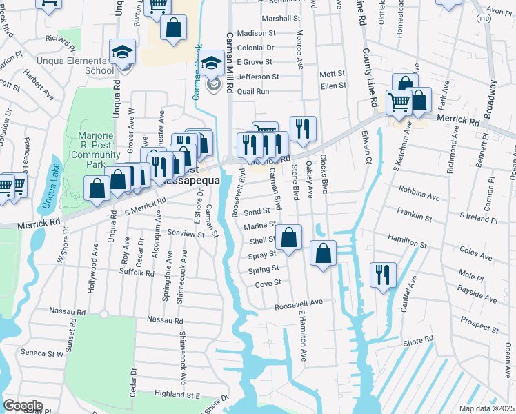 map of restaurants, bars, coffee shops, grocery stores, and more near 68 Marine Street in Massapequa