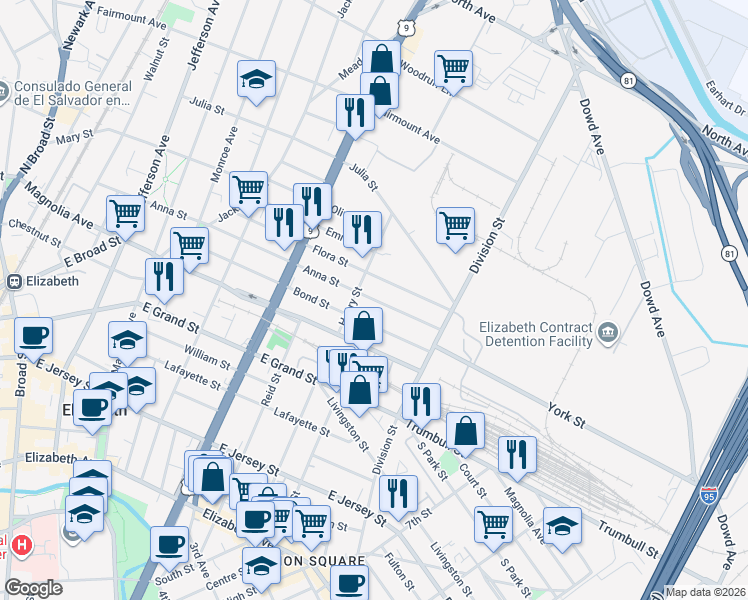 map of restaurants, bars, coffee shops, grocery stores, and more near 847 Bond Street in Elizabeth