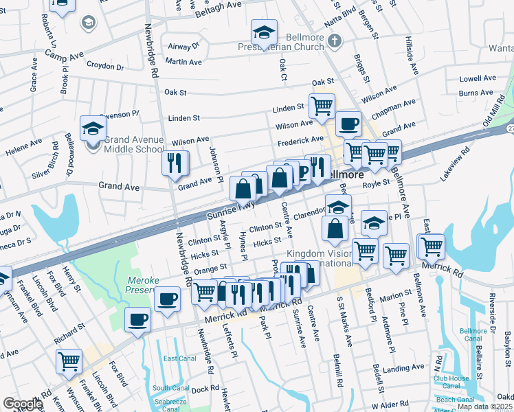 map of restaurants, bars, coffee shops, grocery stores, and more near 2281 Hynes Place in Bellmore