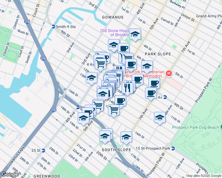 map of restaurants, bars, coffee shops, grocery stores, and more near 285 13th Street in Brooklyn
