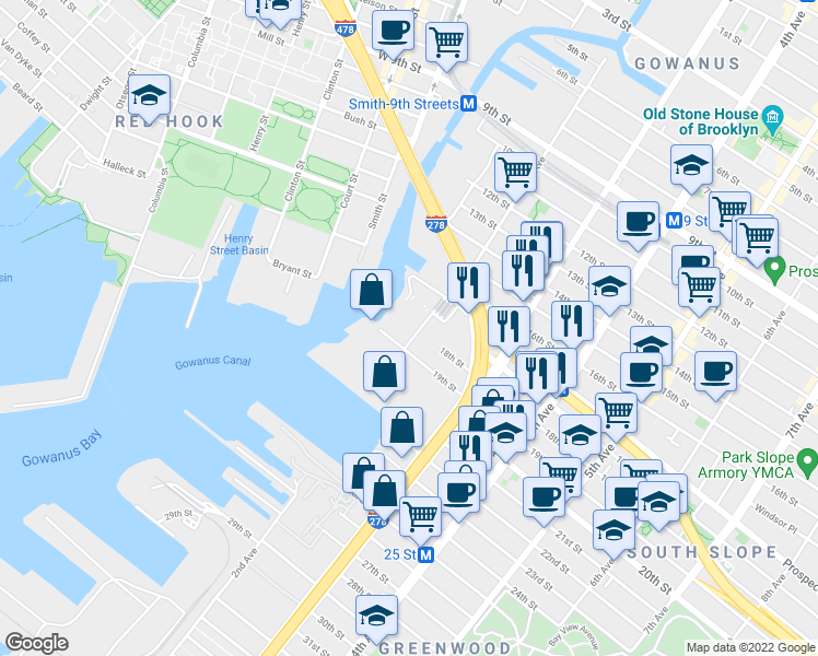 map of restaurants, bars, coffee shops, grocery stores, and more near 19 in Brooklyn