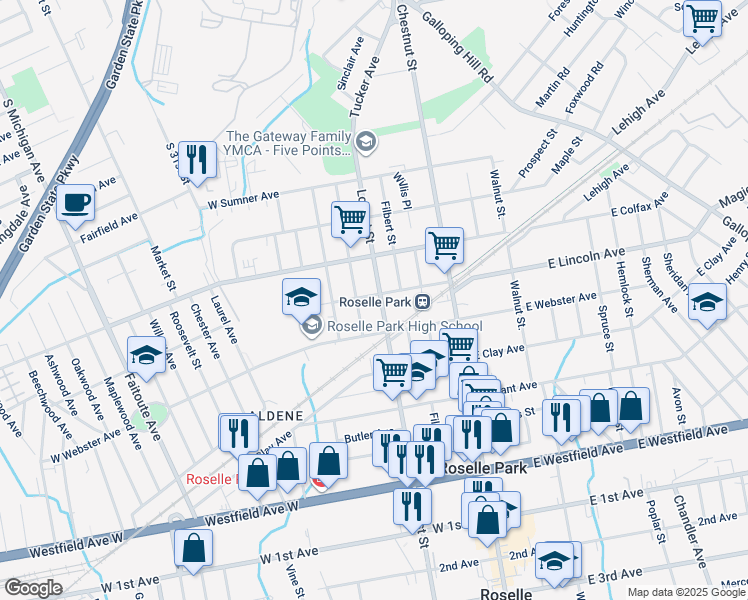 map of restaurants, bars, coffee shops, grocery stores, and more near 104 West Lincoln Avenue in Roselle Park