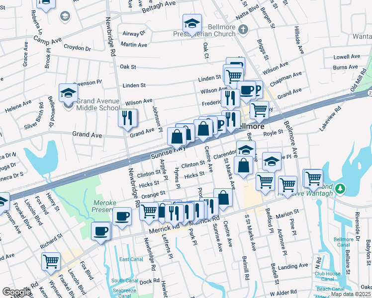 map of restaurants, bars, coffee shops, grocery stores, and more near 2281 Hynes Place in Bellmore