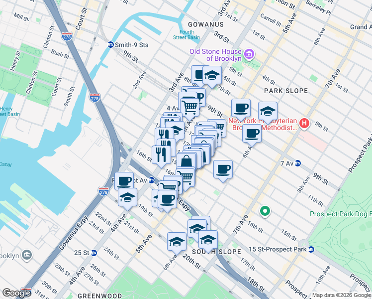 map of restaurants, bars, coffee shops, grocery stores, and more near 171 15th Street in Brooklyn