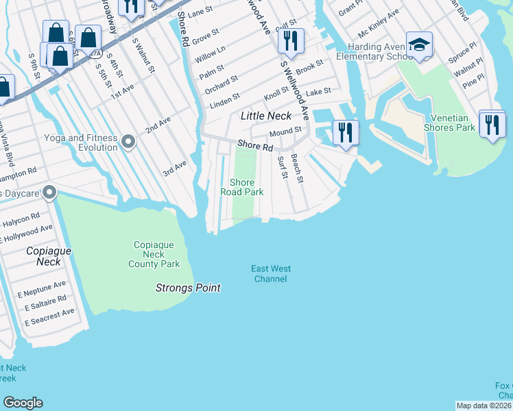 map of restaurants, bars, coffee shops, grocery stores, and more near 131 Bayview Avenue West in Lindenhurst