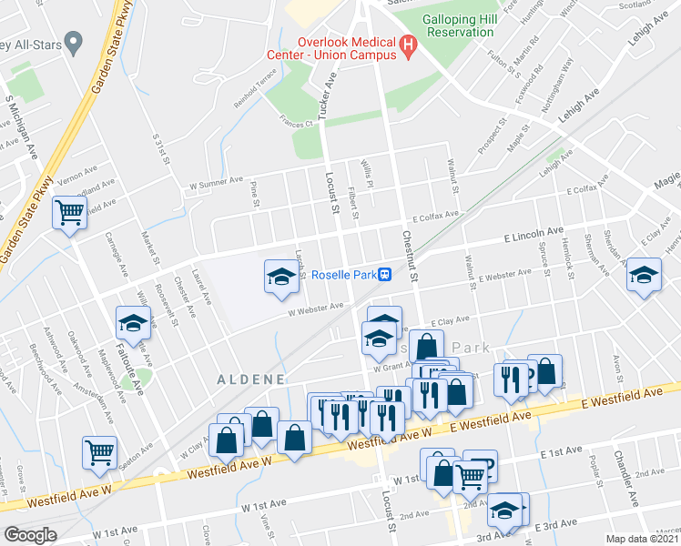 map of restaurants, bars, coffee shops, grocery stores, and more near 104 West Lincoln Avenue in Roselle Park