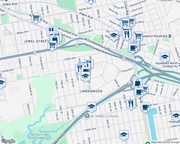 map of restaurants, bars, coffee shops, grocery stores, and more near 151-35 84th Street in Queens